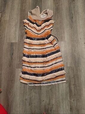 ERDEM Striped Fringe Dress in Cream, Navy & Orange